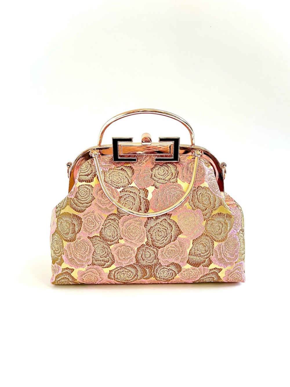 Gold Rose Brocade Clutch Top Handle Chain X-body Evening Bag
